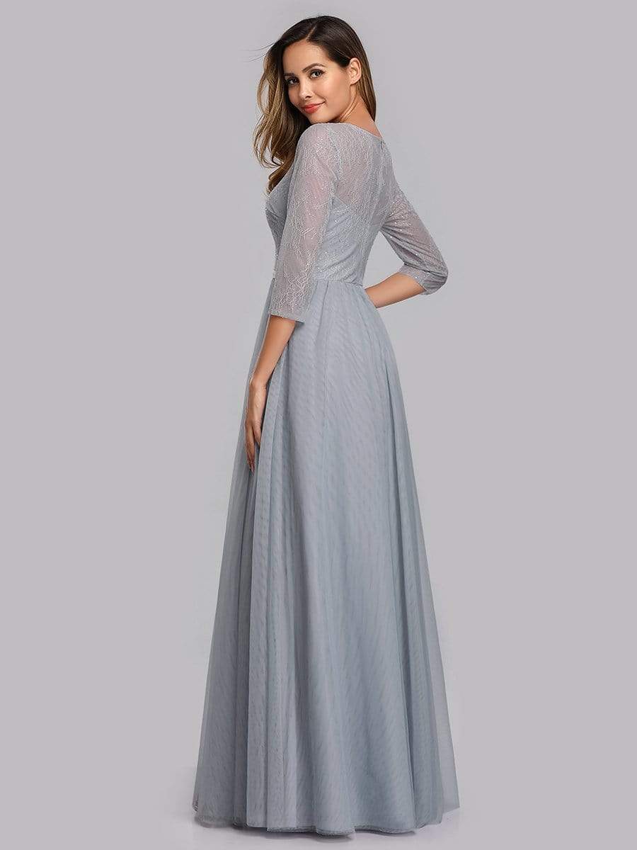 Color=Grey | Women'S A-Line 3/4 Sleeve Floral Lace Floor Length Party Dresses-Grey 2
