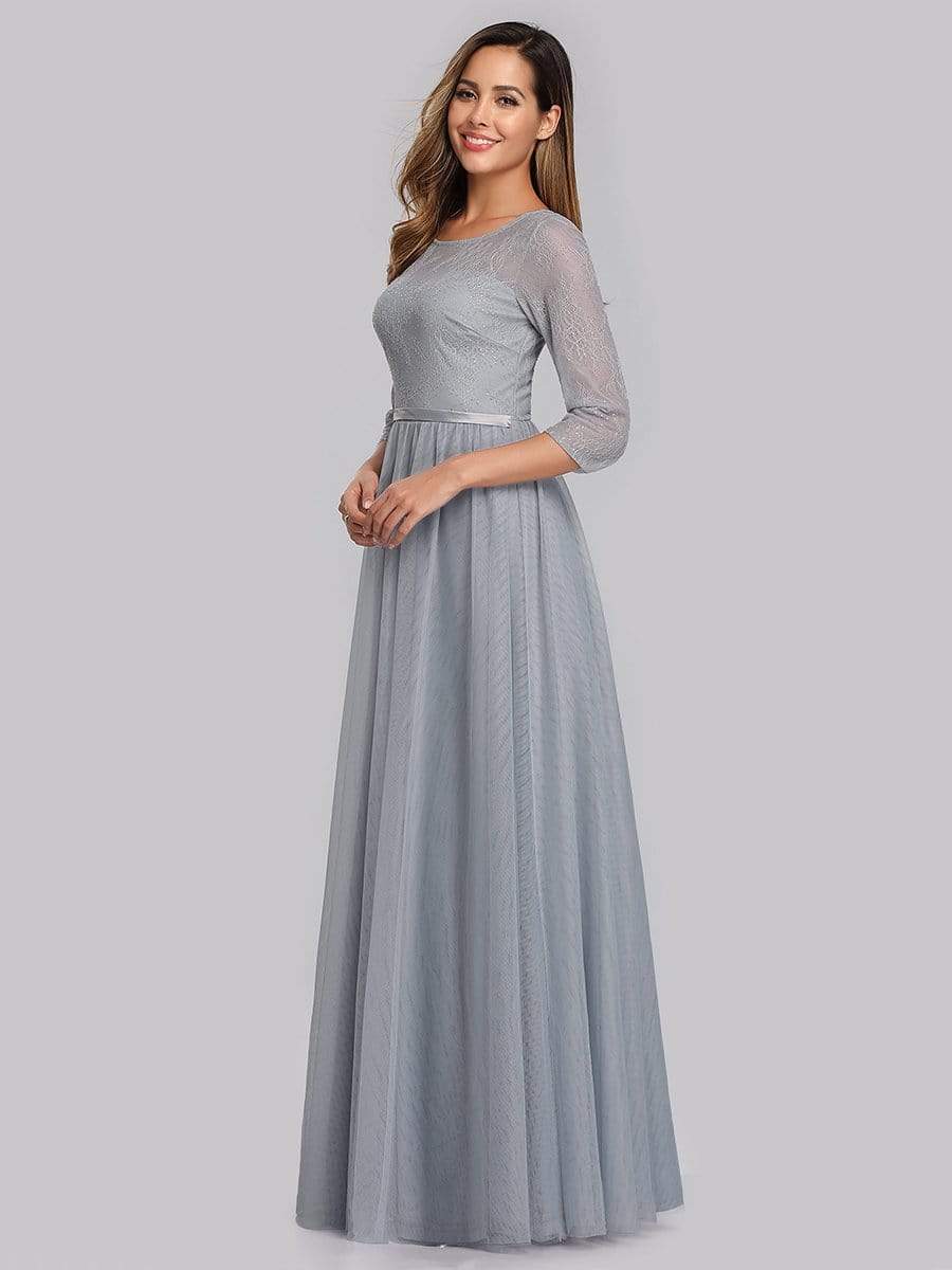 Color=Grey | Women'S A-Line 3/4 Sleeve Floral Lace Floor Length Party Dresses-Grey 3