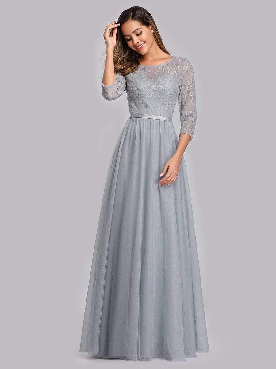 Color=Grey | Women'S A-Line 3/4 Sleeve Floral Lace Floor Length Party Dresses-Grey 4