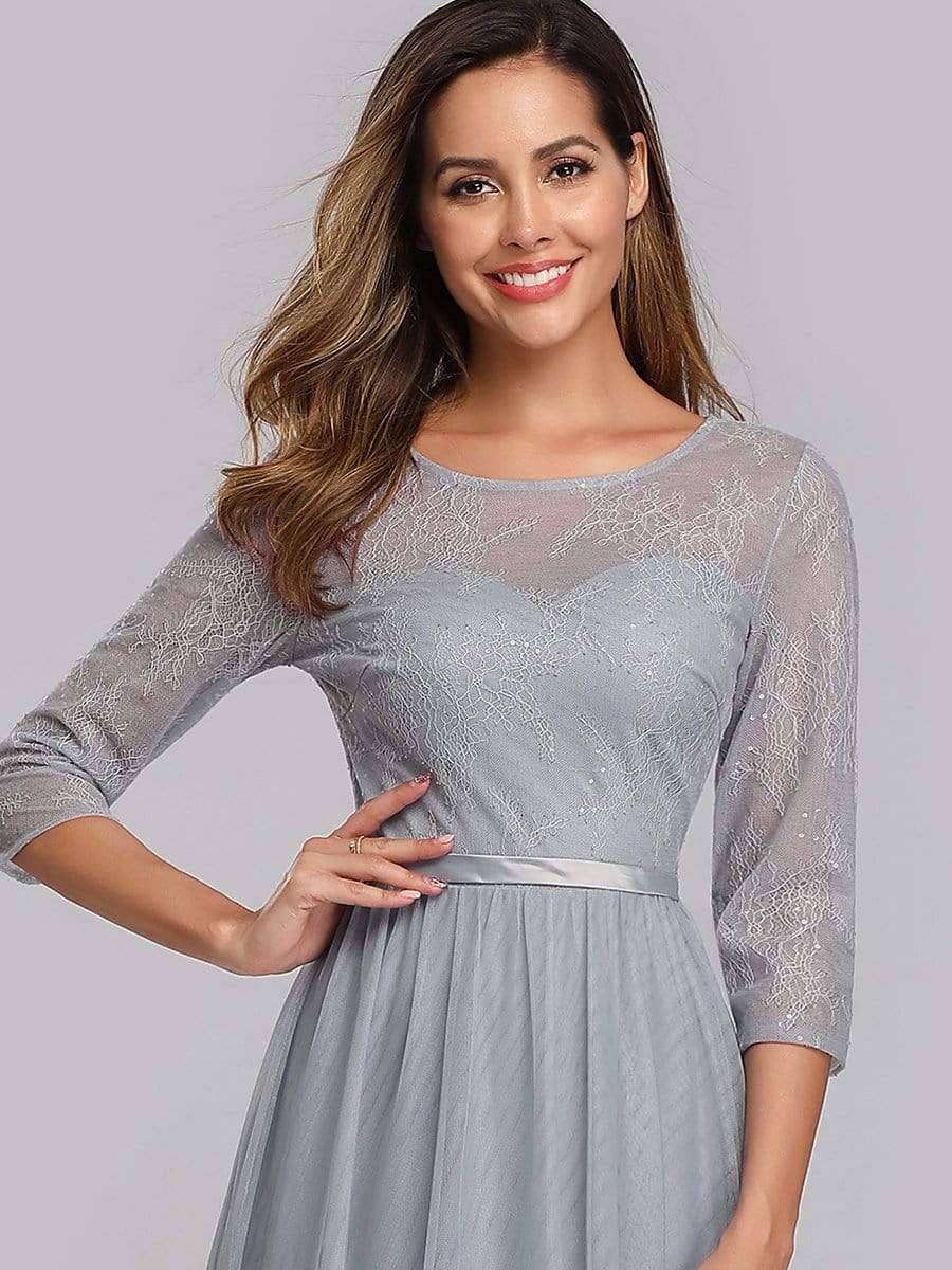 Color=Grey | Women'S A-Line 3/4 Sleeve Floral Lace Floor Length Party Dresses-Grey 5