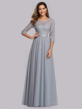 Color=Grey | Women'S A-Line 3/4 Sleeve Floral Lace Floor Length Party Dresses-Grey 1