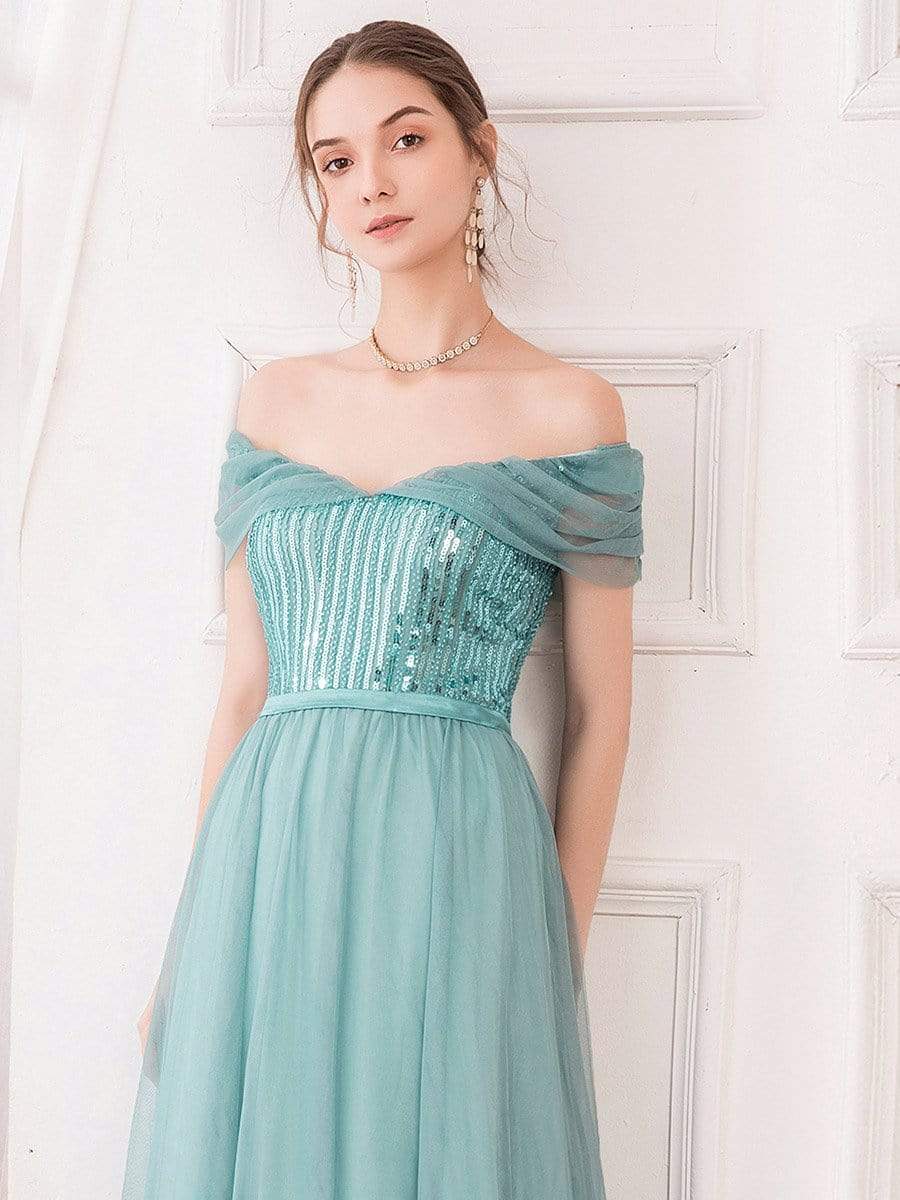 Color=Dusty Blue | Women'S Fashion A-Line Off The Shoulder Sequin Evening Maxi Dress-Dusty Blue 5