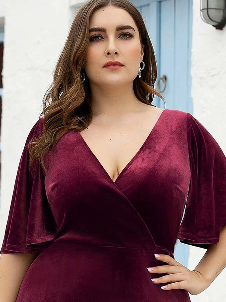 Color=Burgundy | Elegant Double V Neck Velvet Party Dress-Burgundy 8