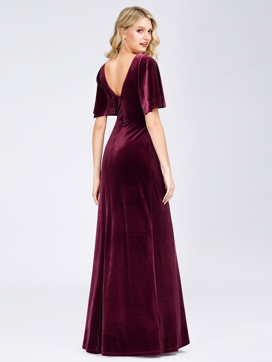Color=Burgundy | Elegant Double V Neck Velvet Party Dress-Burgundy 5