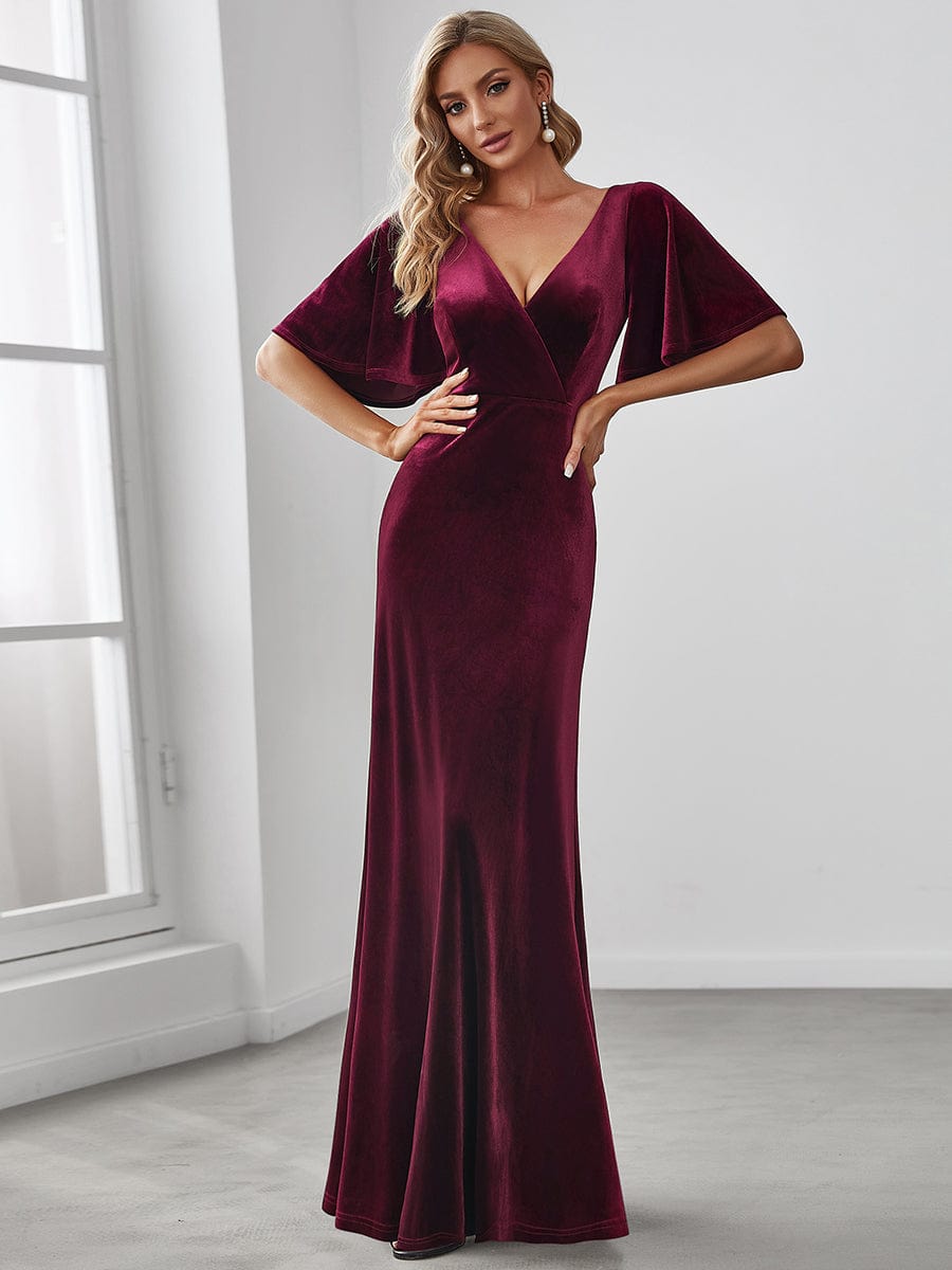 Vintage Plus Size Floor Length Velvet Evening Dress #color_Burgundy