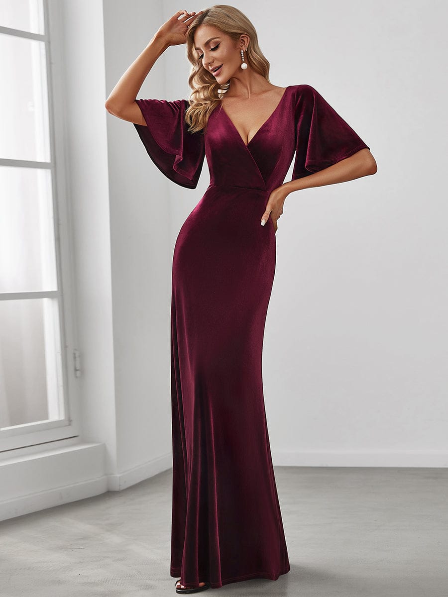 Vintage Plus Size Floor Length Velvet Evening Dress #color_Burgundy