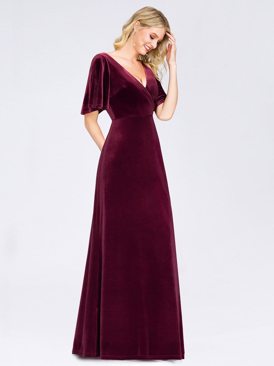 Color=Burgundy | Elegant Double V Neck Velvet Party Dress-Burgundy 4