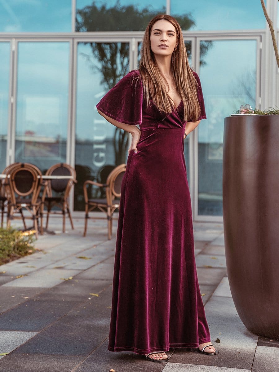 Color=Burgundy | Elegant Double V Neck Velvet Party Dress-Burgundy 1