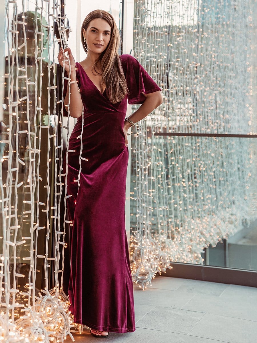 Color=Burgundy | Elegant Double V Neck Velvet Party Dress-Burgundy 2