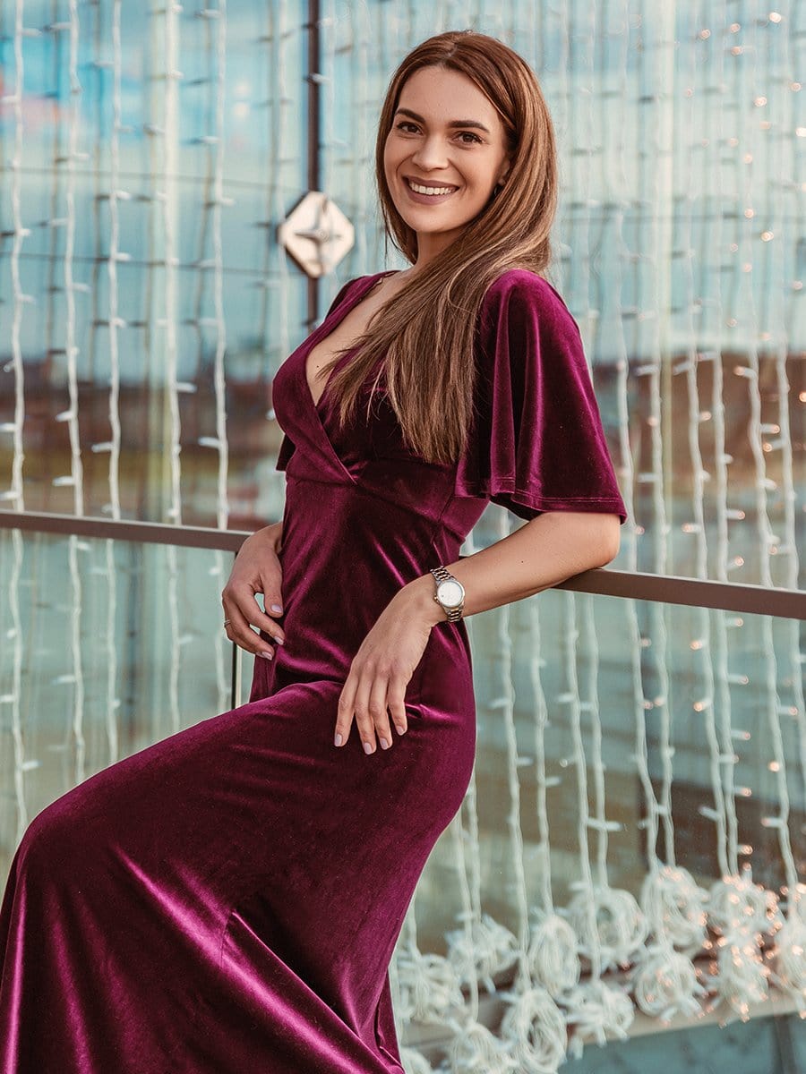 Color=Burgundy | Elegant Double V Neck Velvet Party Dress-Burgundy 3