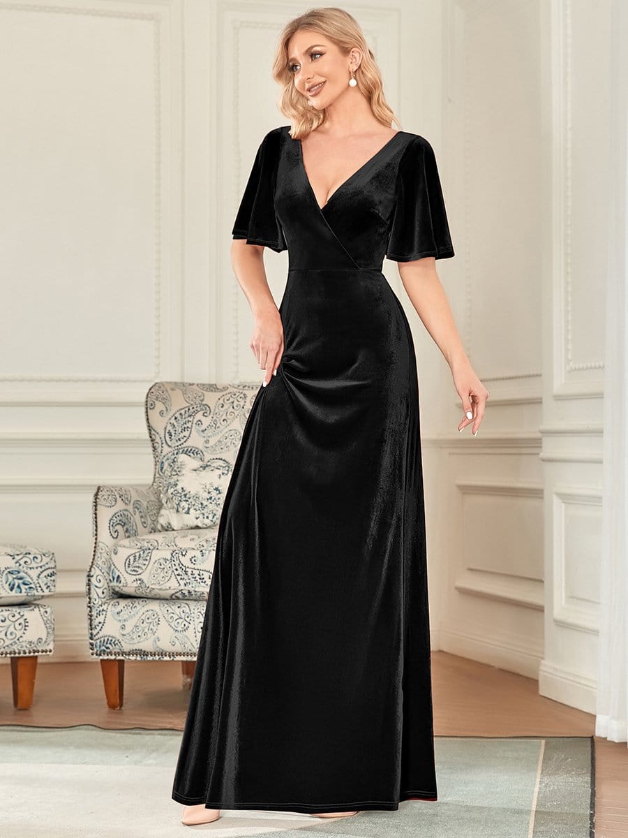 Sexy V Neck Maxi Long Velvet Evening Dress