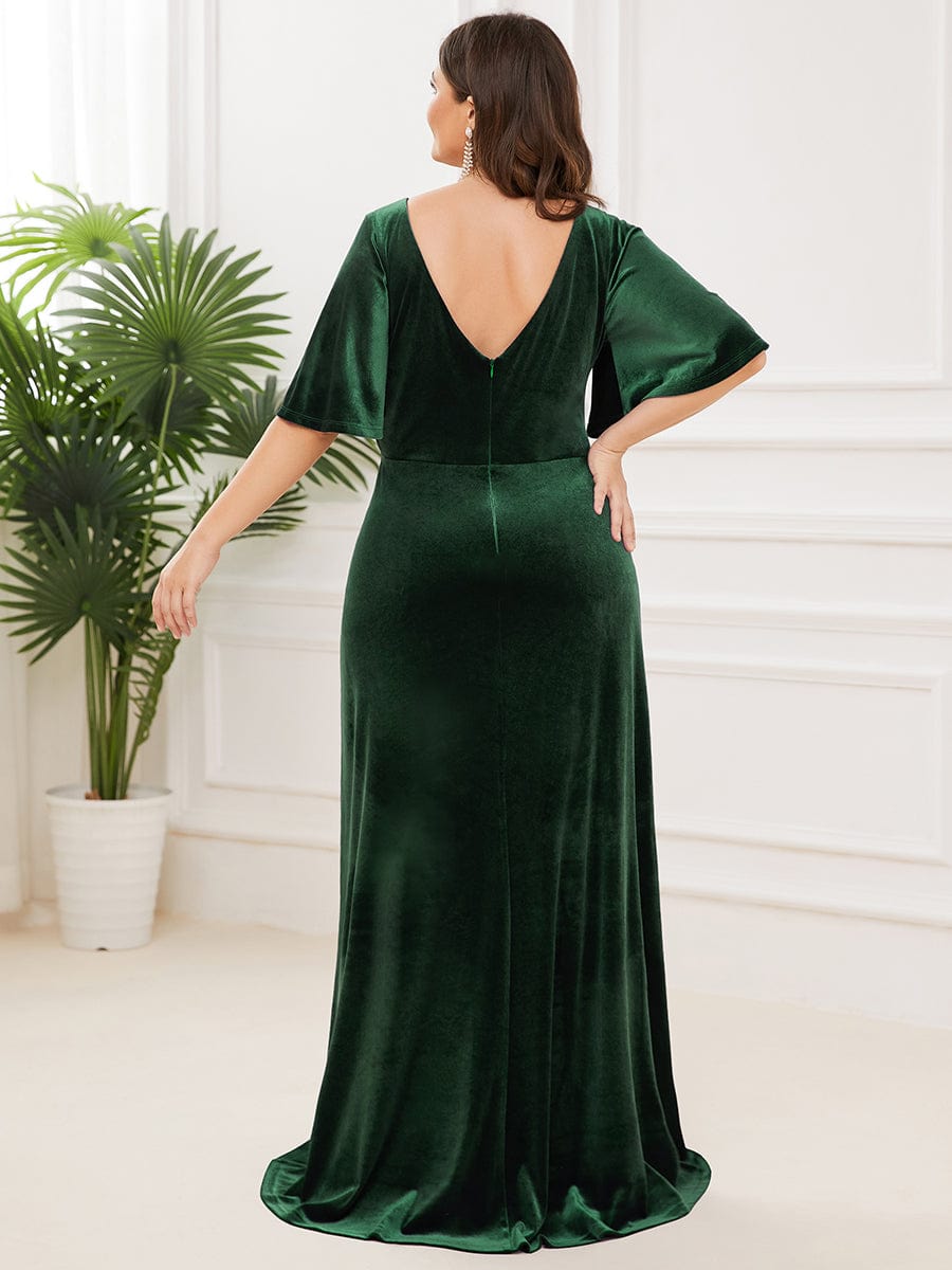 Color=Dark Green | Elegant Double V Neck Velvet Party Dress-Dark Green 6