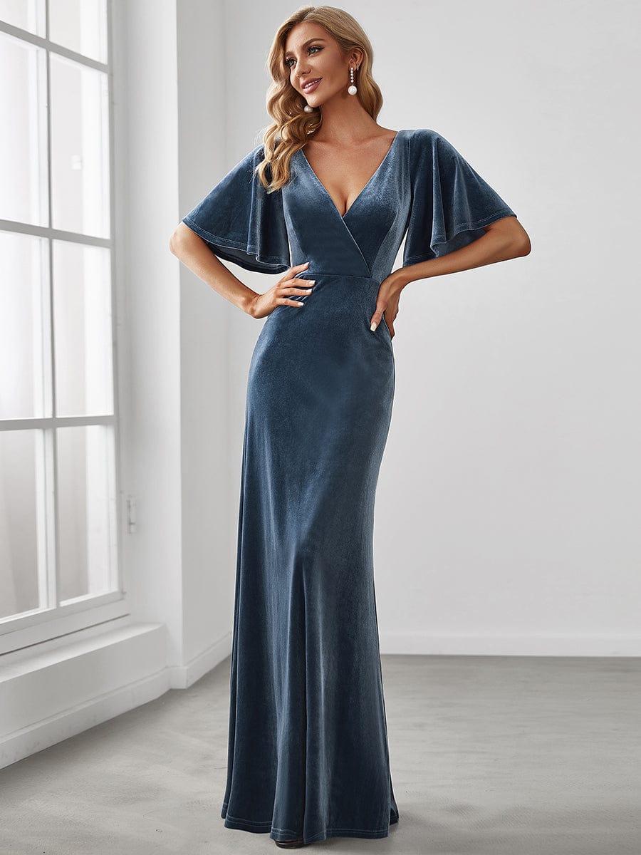 Sexy V Neck Maxi Long Velvet Evening Dress