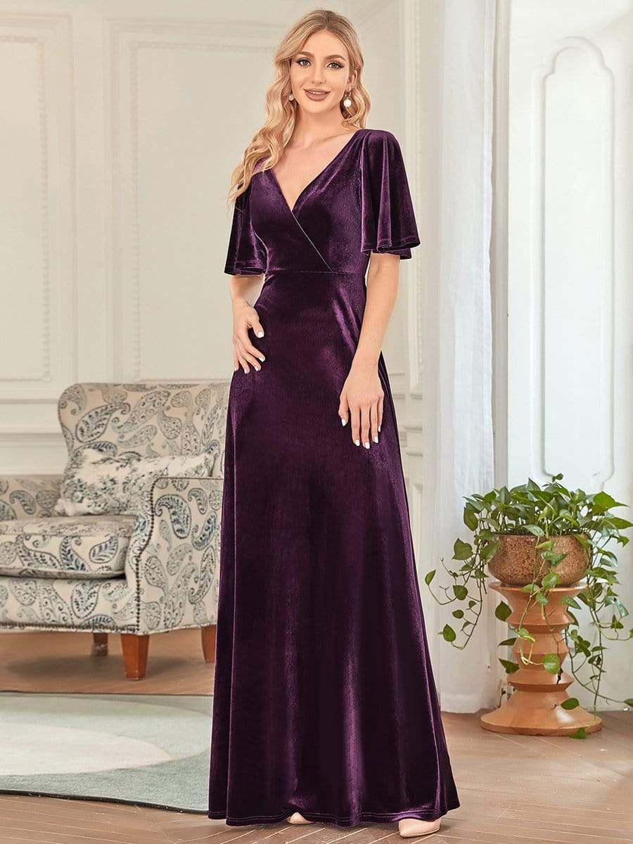 Vintage Plus Size Floor Length Velvet Evening Dress #color_Dark Purple