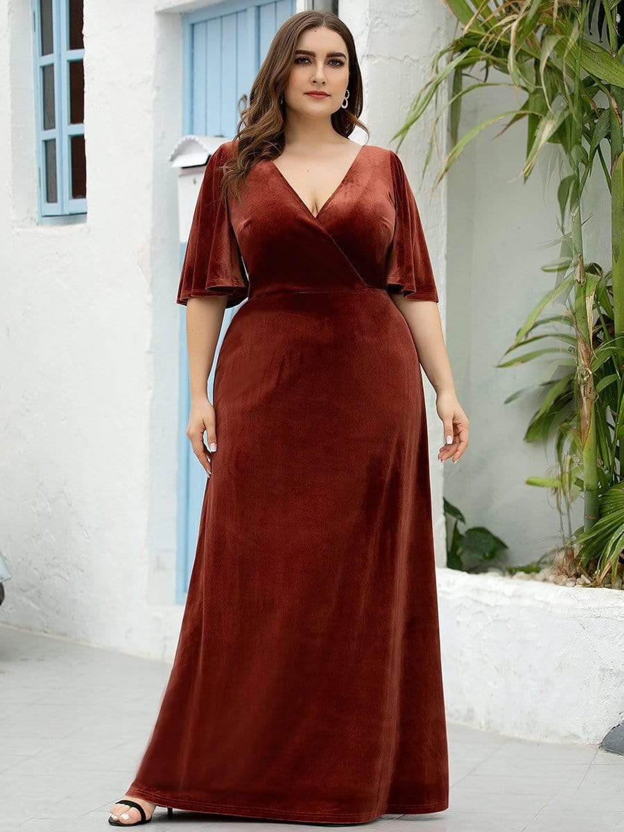 Color=Brick Red | Vintage Plus Size Floor Length Velvet Evening Dresses-Brick Red 3