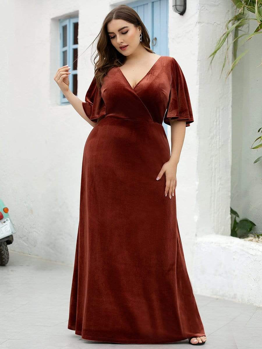 Color=Brick Red | Vintage Plus Size Floor Length Velvet Evening Dresses-Brick Red 4