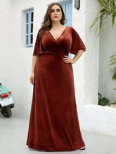 Color=Brick Red | Vintage Plus Size Floor Length Velvet Evening Dresses-Brick Red 1
