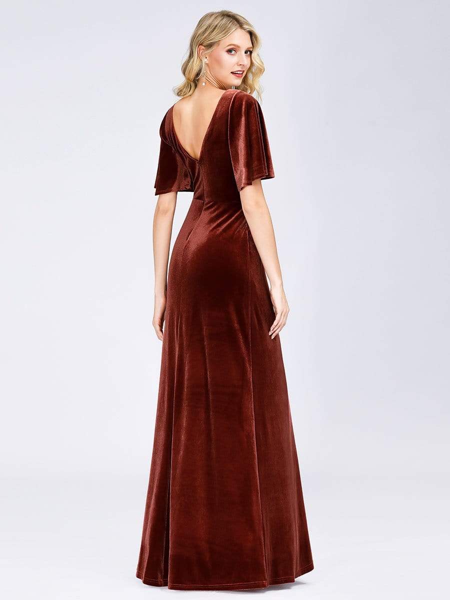 Color=Brick Red | Elegant Double V Neck Velvet Party Dress-Brick Red 2
