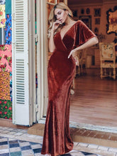 Color=Brick Red | Elegant Double V Neck Velvet Party Dress-Brick Red 11