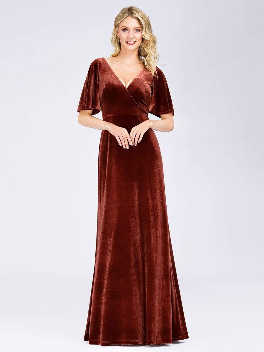 Color=Brick Red | Elegant Double V Neck Velvet Party Dress-Brick Red 1