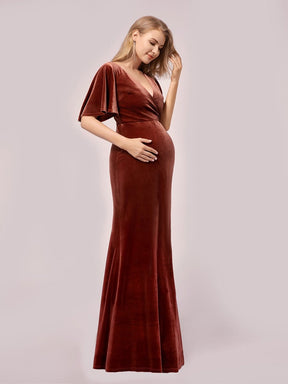 Color=Brick Red | Elegant Double V Neck Velvet Maternity Dresses-Brick Red 3