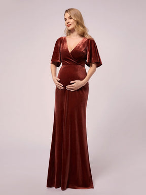Color=Brick Red | Elegant Double V Neck Velvet Maternity Dresses-Brick Red 5