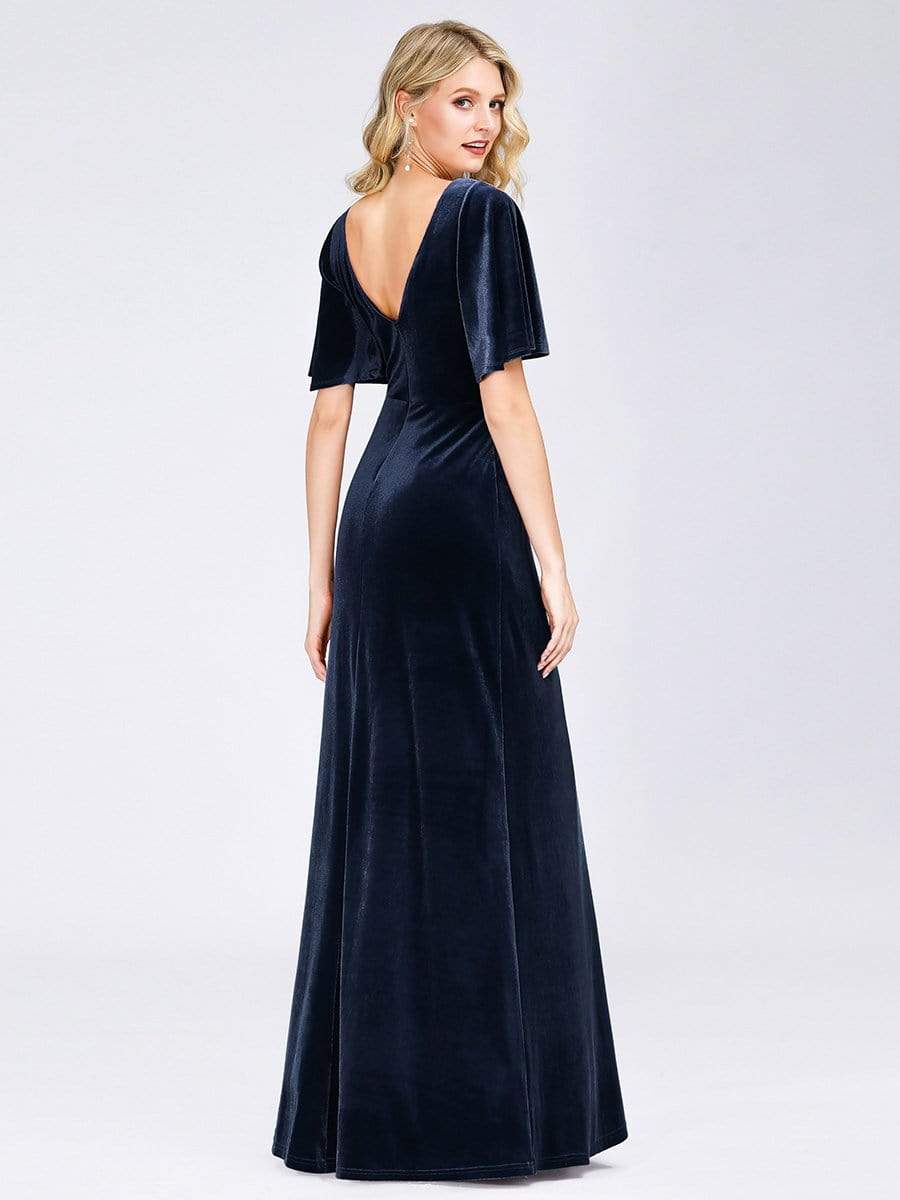 Color=Navy Blue | Elegant Double V Neck Velvet Party Dress-Navy Blue 2