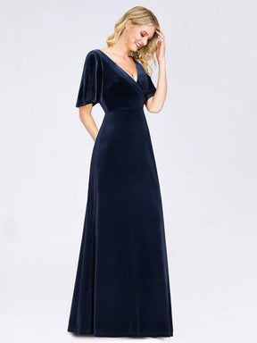 Color=Navy Blue | Elegant Double V Neck Velvet Party Dress-Navy Blue 1