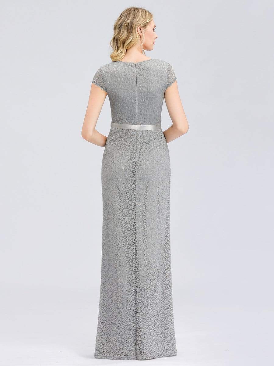 Color=Grey | Simple Floral Lace Floor Length Party Dress-Grey 4