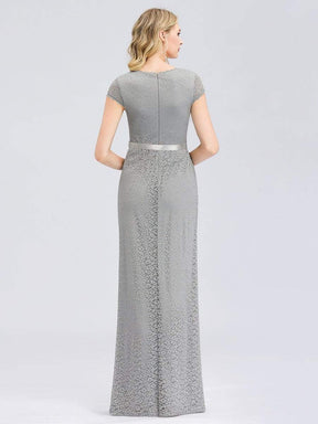 Color=Grey | Simple Floral Lace Floor Length Party Dress-Grey 4