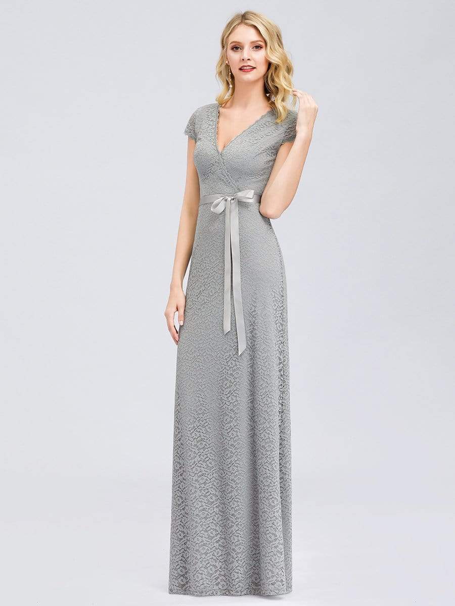 Color=Grey | Simple Floral Lace Floor Length Party Dress-Grey 2