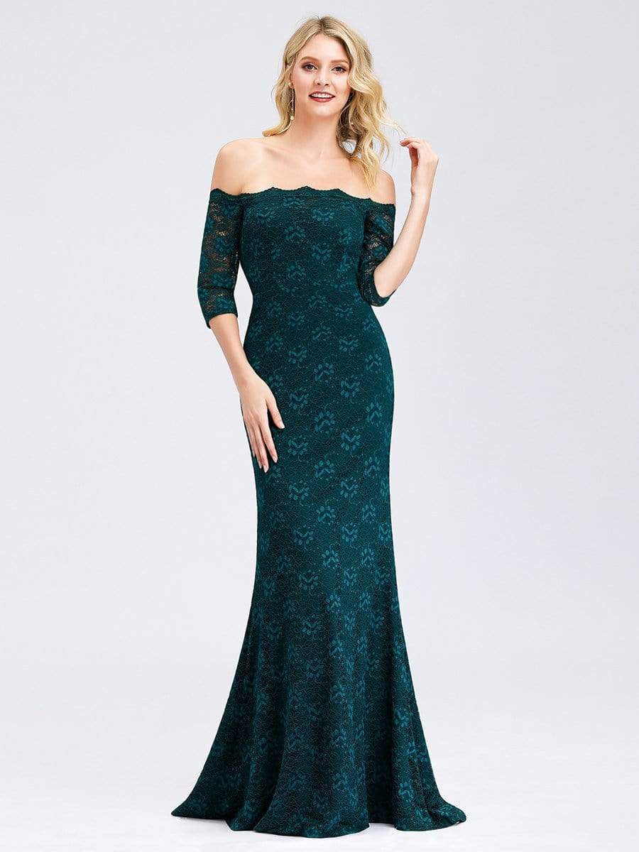 Color=Teal | Women'S Off The Shoulder Half Sleeve Lace Dress Party Dress-Teal 1