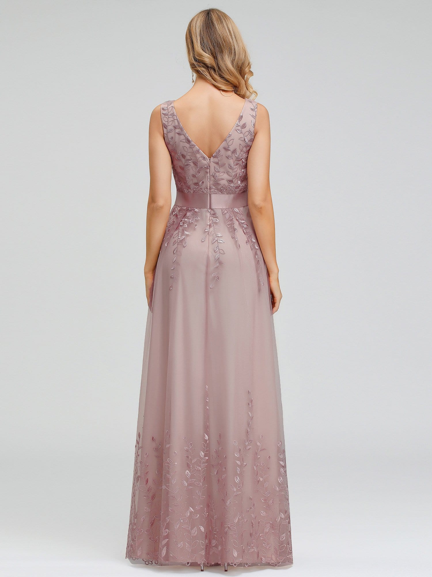 Color=Pink | Romantic V-Neck Embroidery Maxi Bridesmaid Dress-Pink 7