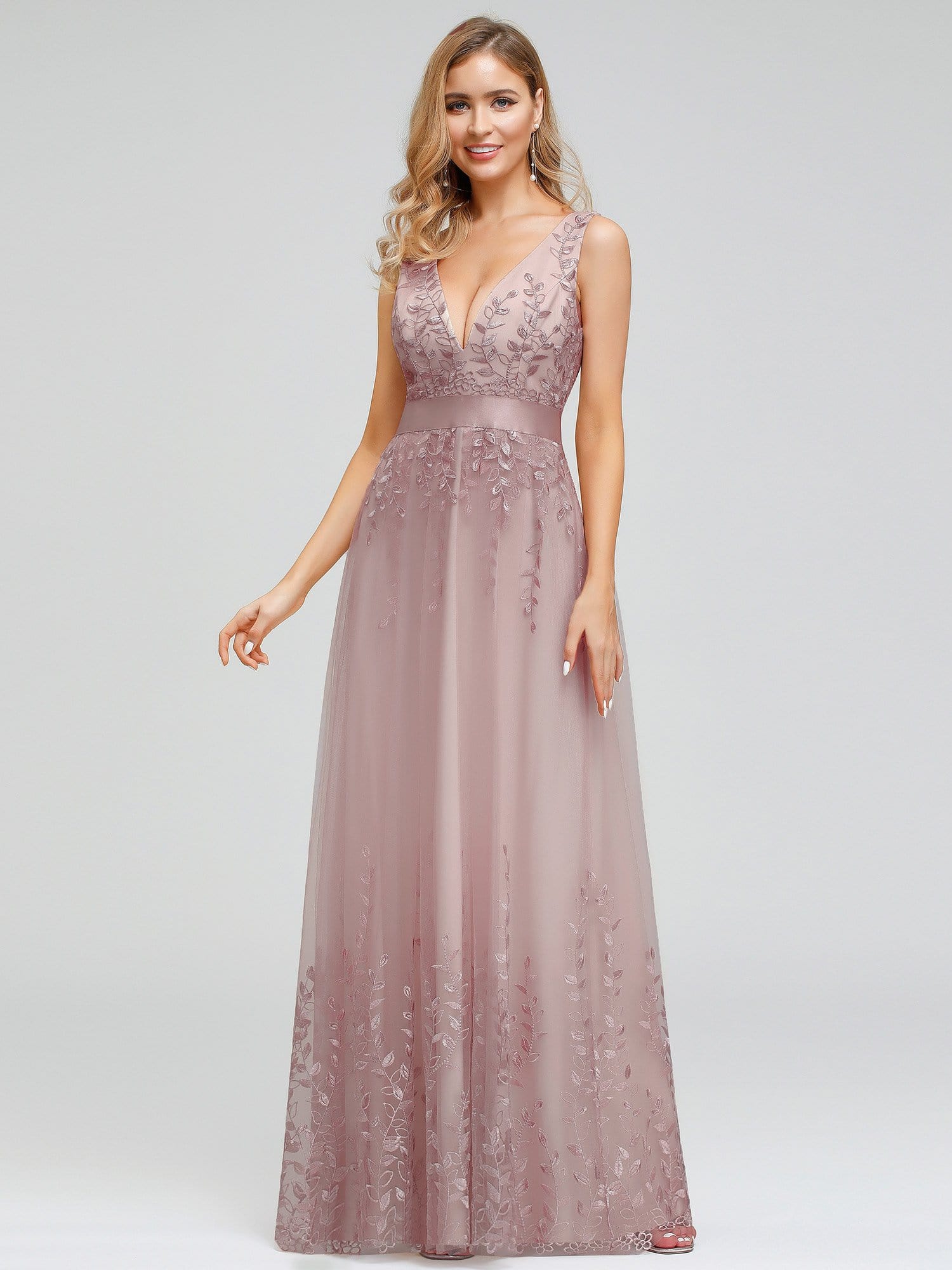 Color=Pink | Romantic V-Neck Embroidery Maxi Bridesmaid Dress-Pink 6