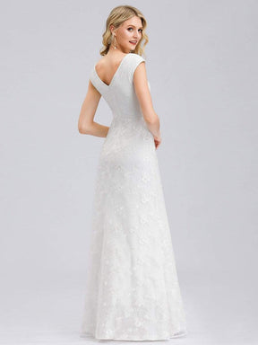 Color=White | Women'S V-Neck Cap Sleeve Floral Lace Wedding Dress-White 2
