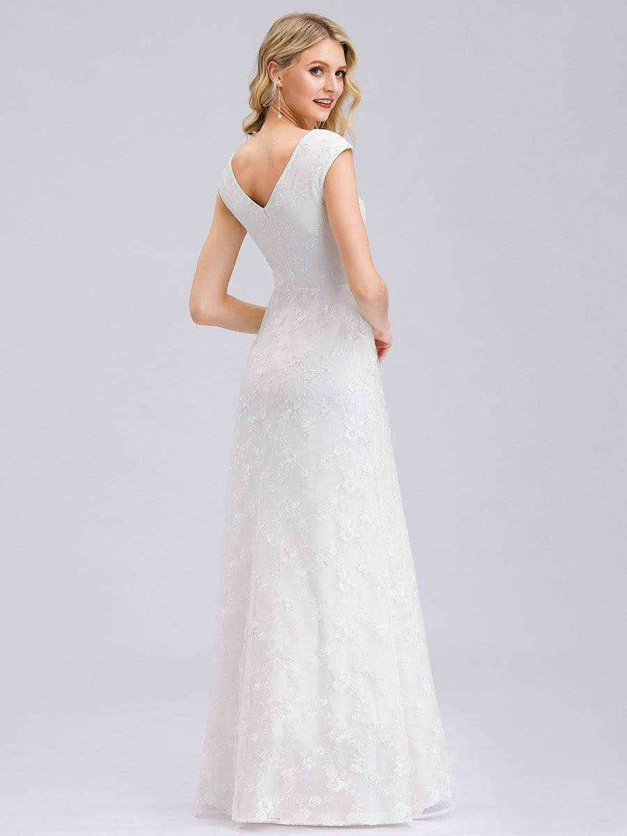Color=White | Women'S V-Neck Cap Sleeve Floral Lace Wedding Dress-White 2