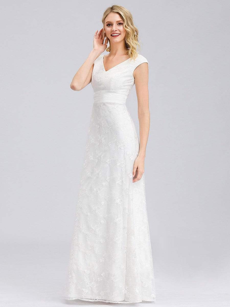 Color=White | Women'S V-Neck Cap Sleeve Floral Lace Wedding Dress-White 3