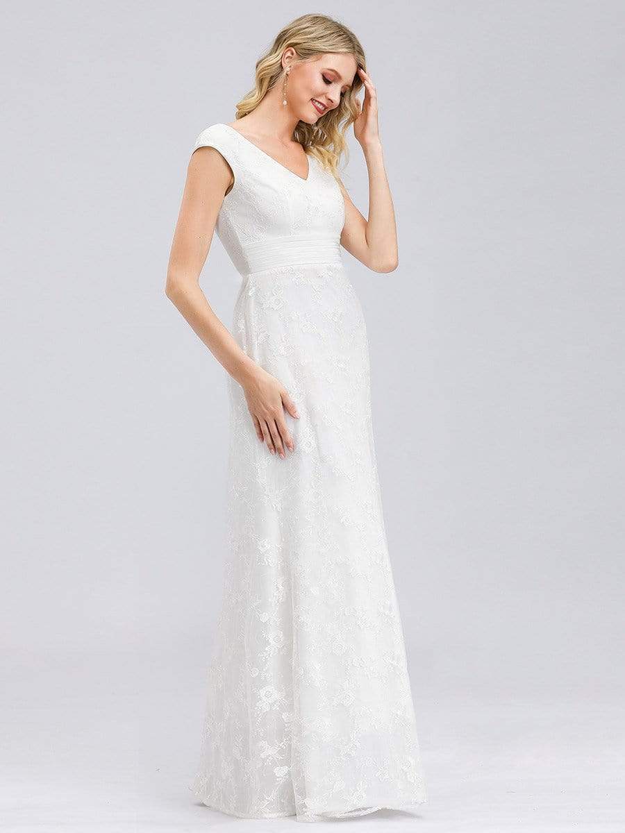 Color=White | Women'S V-Neck Cap Sleeve Floral Lace Wedding Dress-White 4