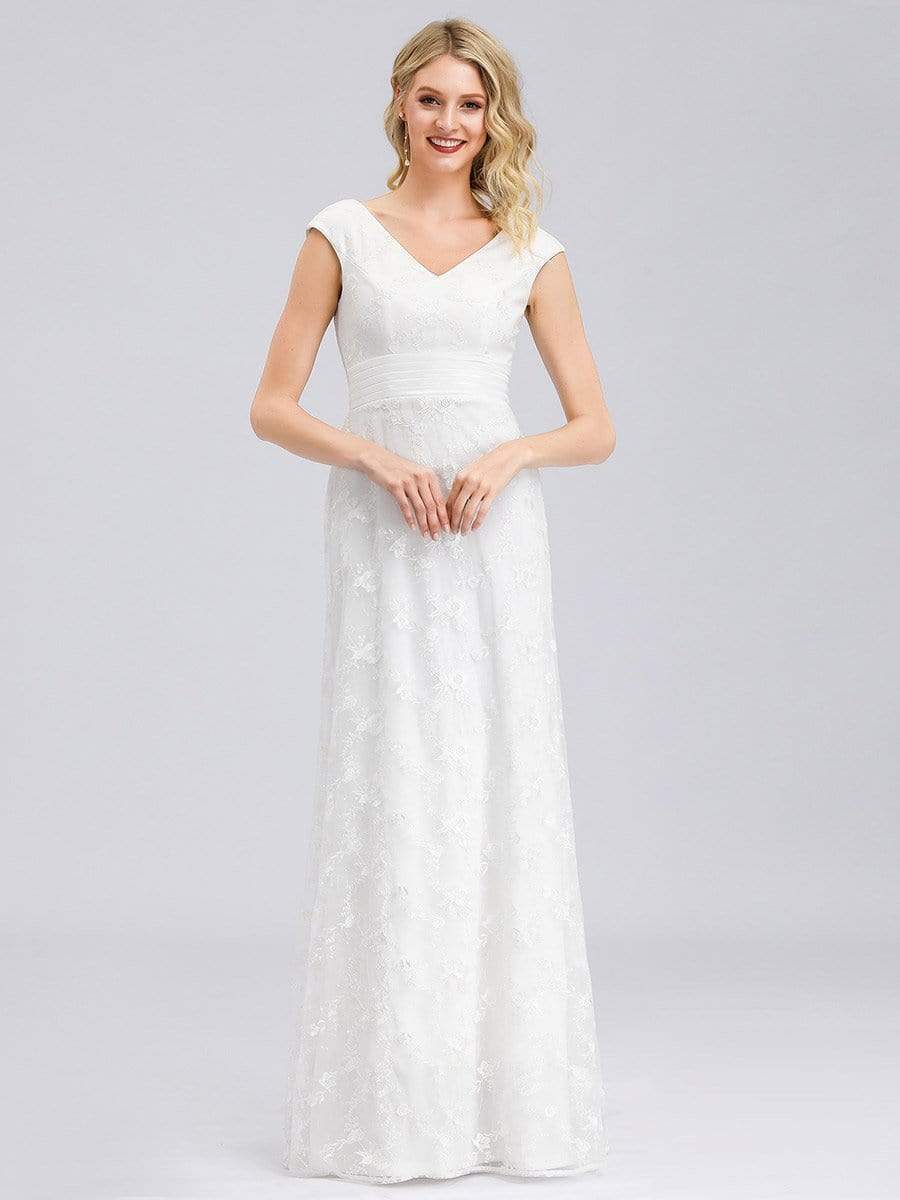 Color=White | Women'S V-Neck Cap Sleeve Floral Lace Wedding Dress-White 1