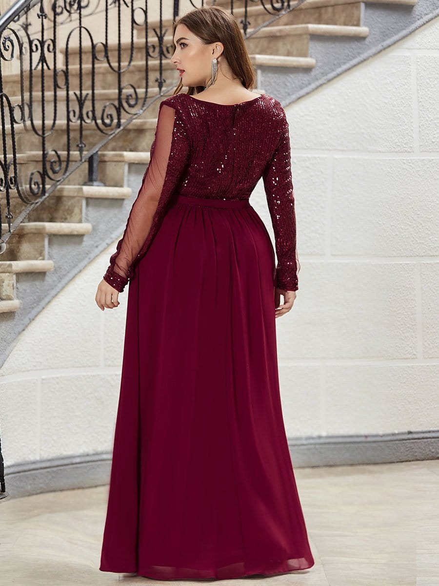 COLOR=Burgundy | Plus Size Women'S V Neck Floor Length Evening Dress-Burgundy 2
