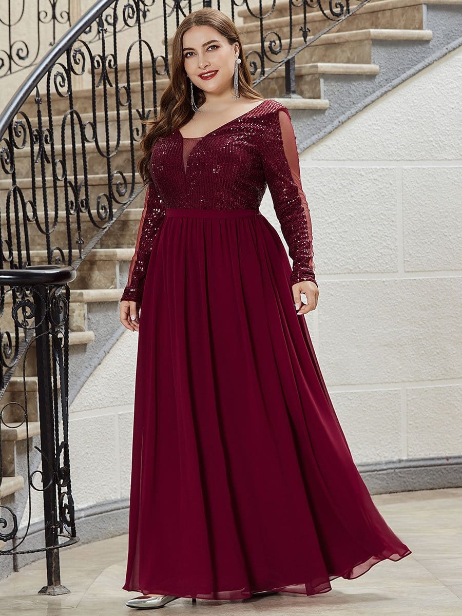 COLOR=Burgundy | Plus Size Women'S V Neck Floor Length Evening Dress-Burgundy 4