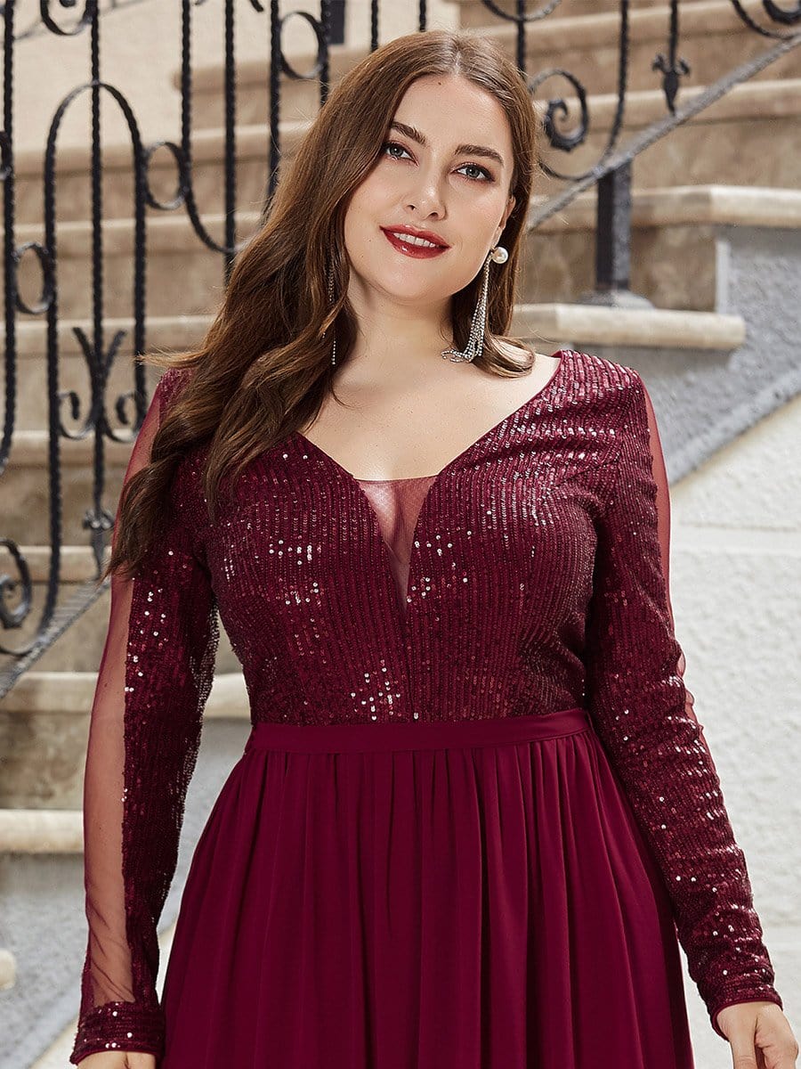 Women s See through Plus Size Sequin Evening Dresses with Long Sleeve