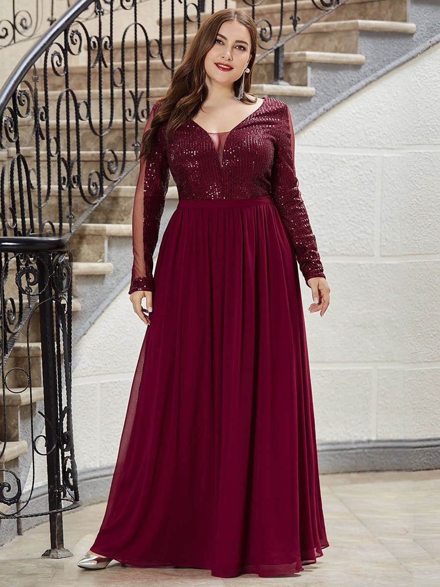 COLOR=Burgundy | Plus Size Women'S V Neck Floor Length Evening Dress-Burgundy 1