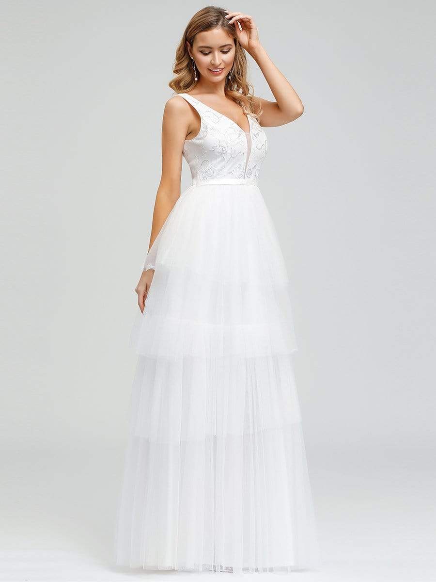 Color=White | Women'S Double Deep V Neck Wedding Dresses-White 7