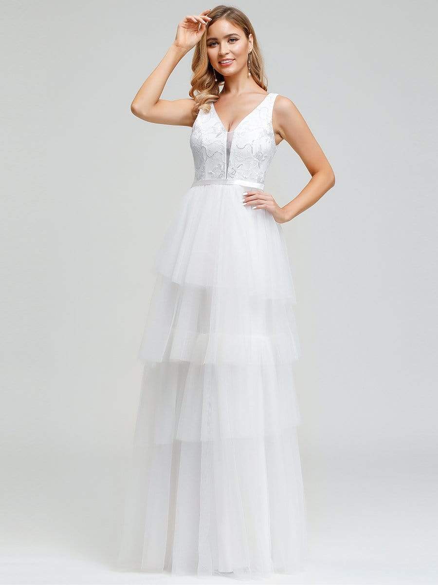 Color=White | Women'S Double Deep V Neck Wedding Dresses-White 5