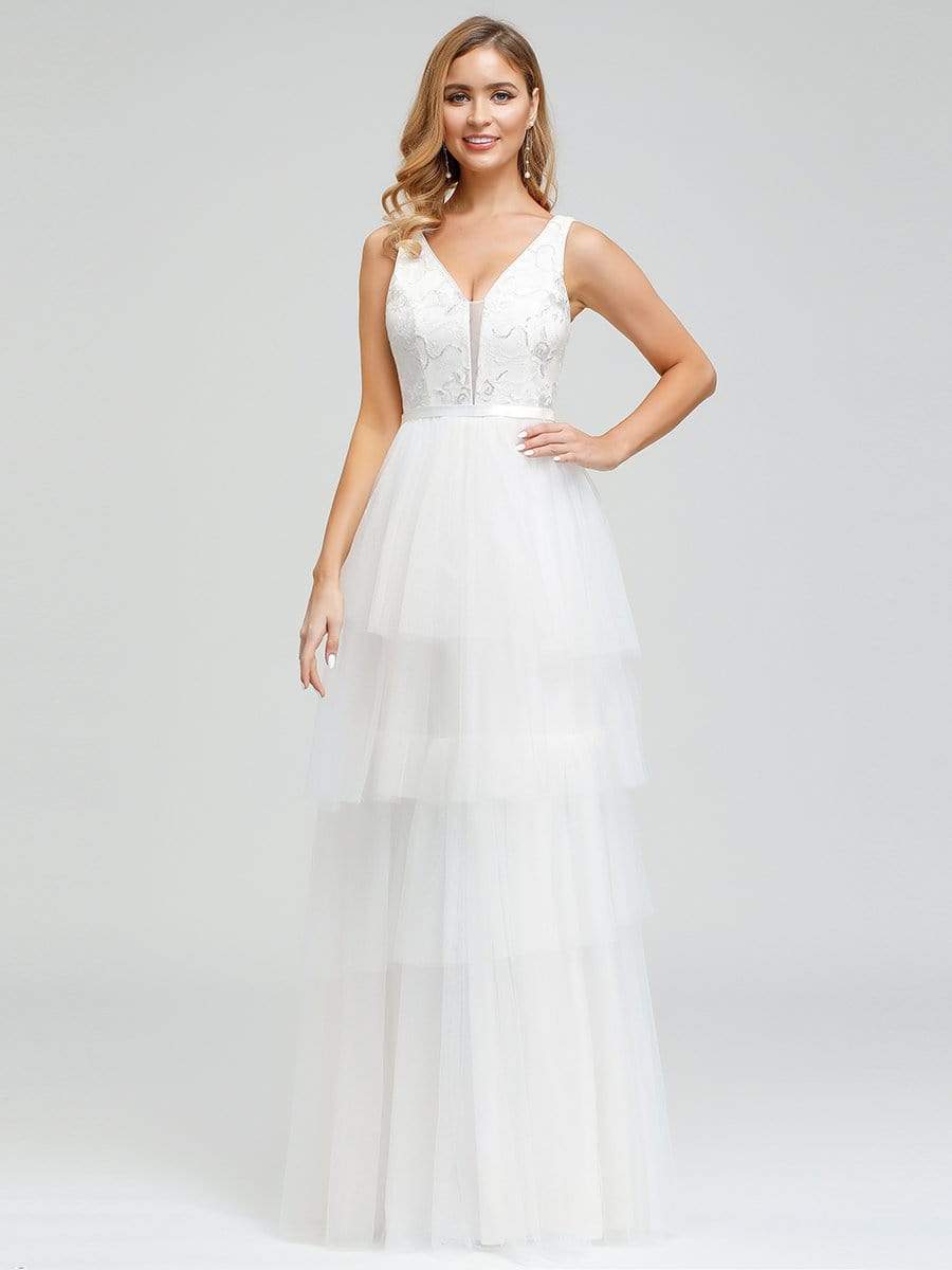 Color=White | Women'S Double Deep V Neck Wedding Dresses-White 4