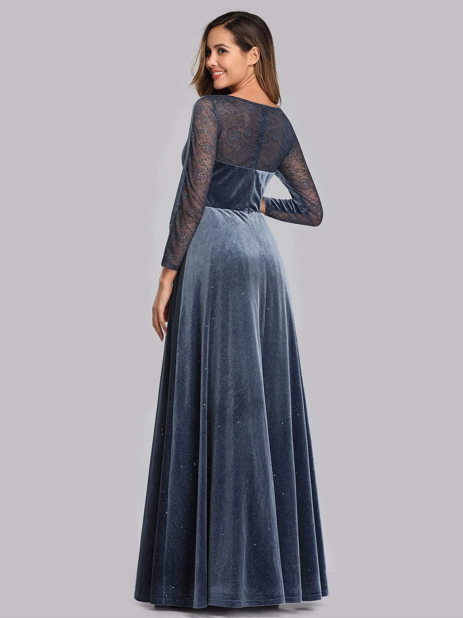 Color=Dusty Navy | Women'S V-Neck Velvet Floor Length Evening Dress-Dusty Navy 2