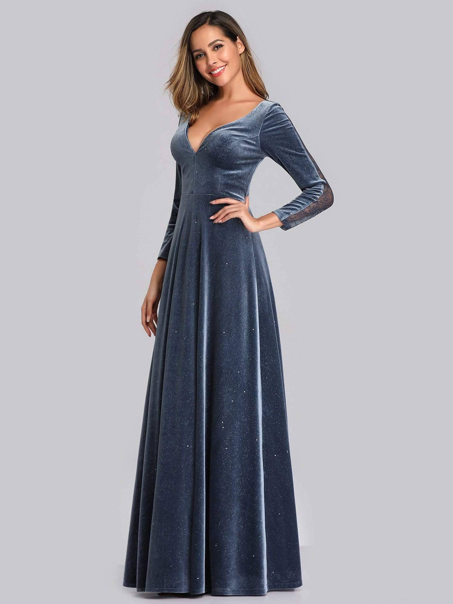 Color=Dusty Navy | Women'S V-Neck Velvet Floor Length Evening Dress-Dusty Navy 3