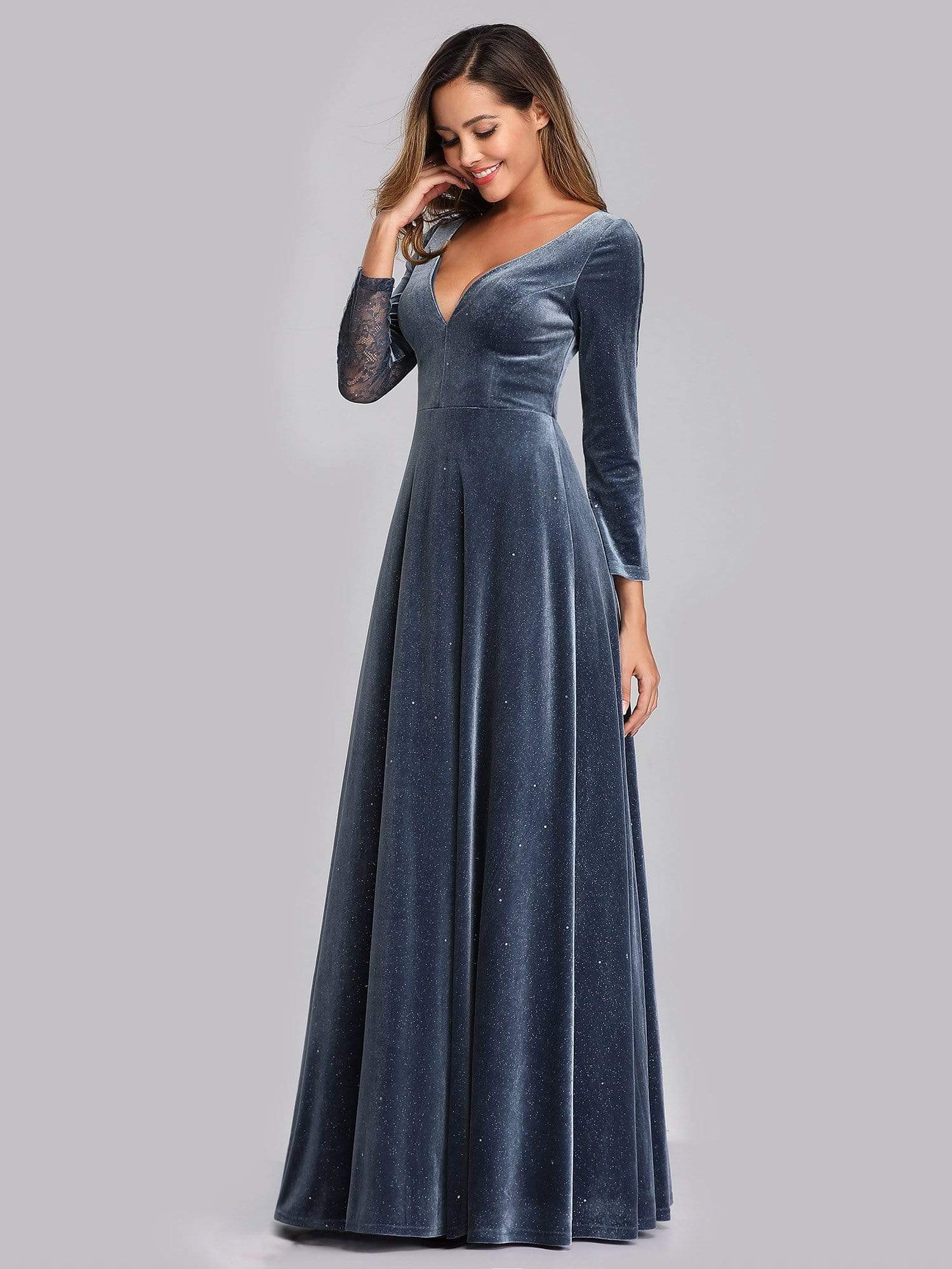 Color=Dusty Navy | Women'S V-Neck Velvet Floor Length Evening Dress-Dusty Navy 4