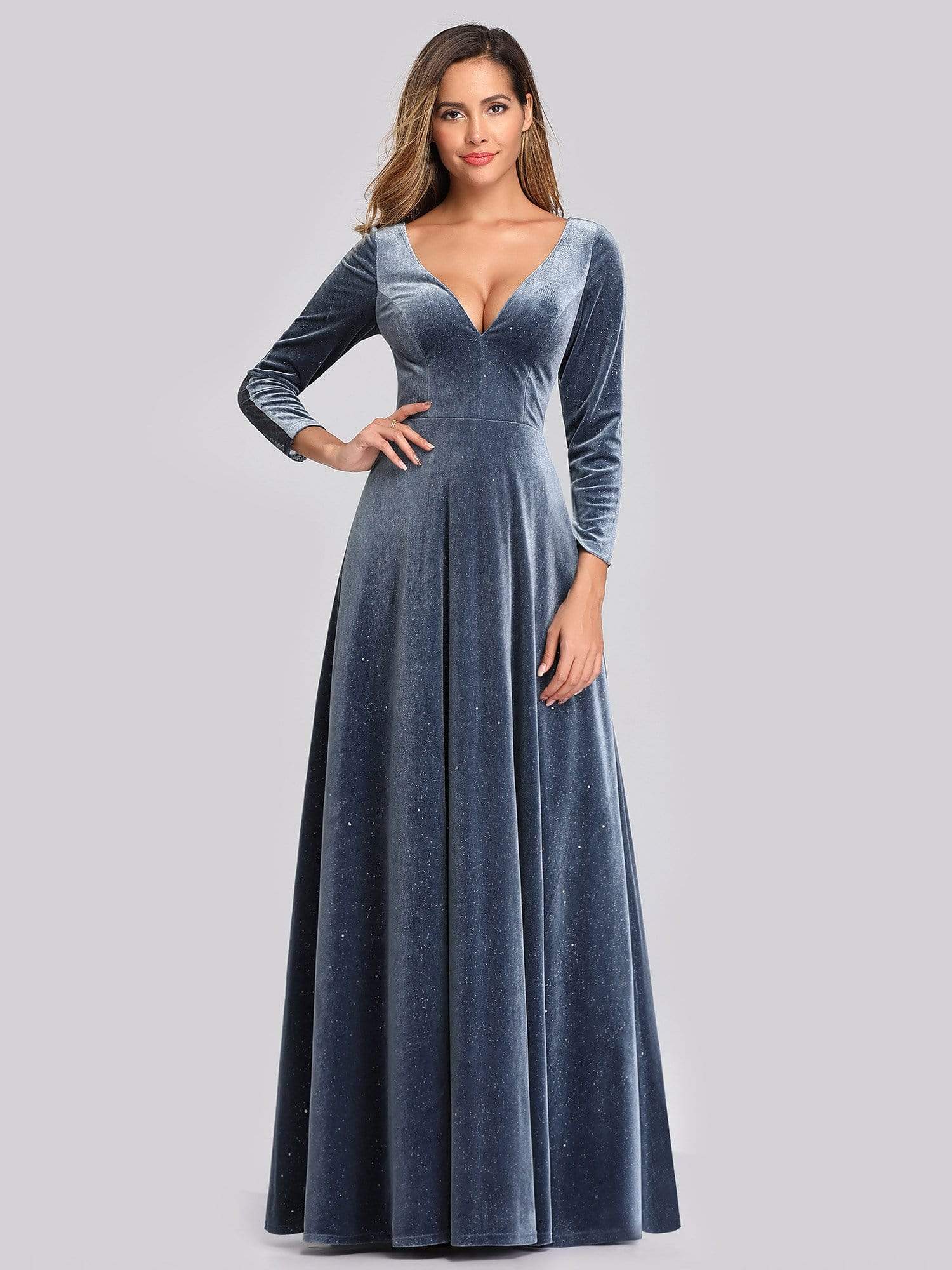 strapless open back dress Prom Dresses With Long Sleeve Velvet V-Neck Floor Length